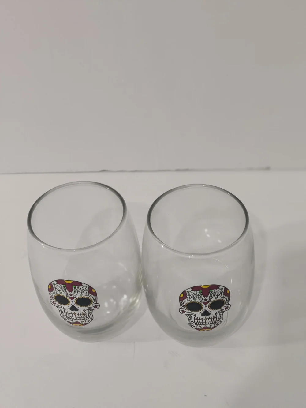 Sugar Skull White Day of the Dead Halloween Stemless Wine Glasses Set of 2